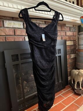 Express Black Lace Midi Dress with Ruched Details